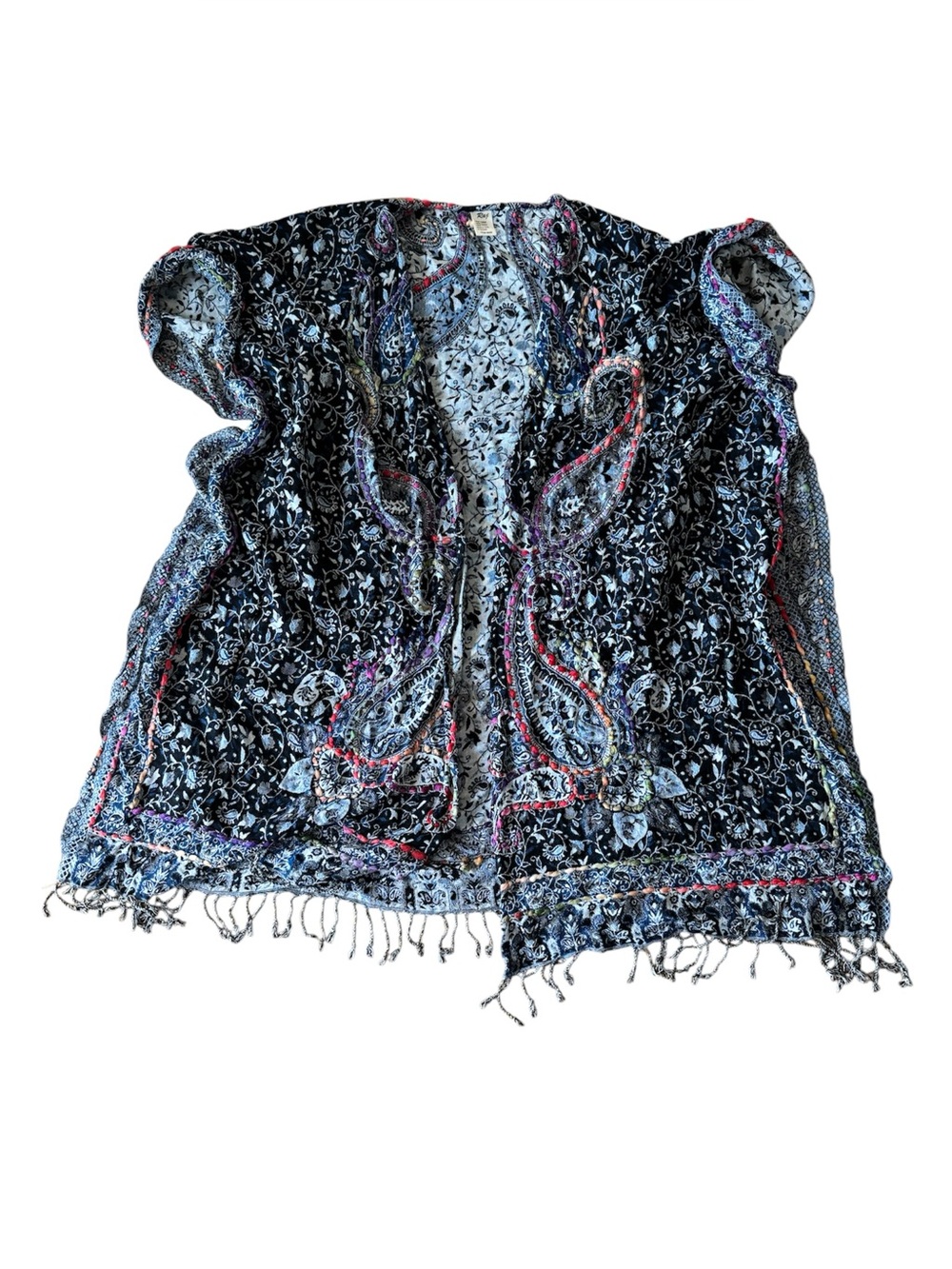Raj One Size Poncho With Sleeves Embroidered Paisley Open Front Kimono Robe Wrap
